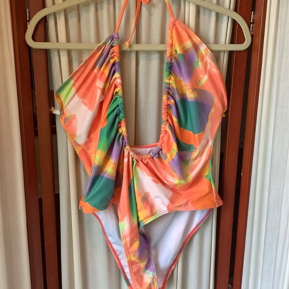 PrettyLittleThing Plunge Swimsuit Multicolor Swirl One Piece High Leg Size 8 - Picture 4 of 8